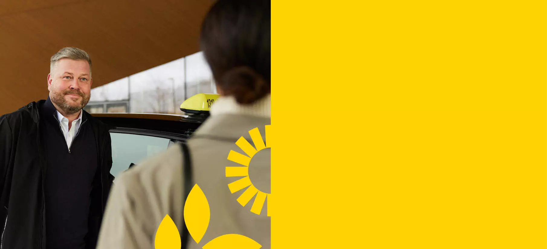 Taxi entrepreneur opens the taxi door for the customer